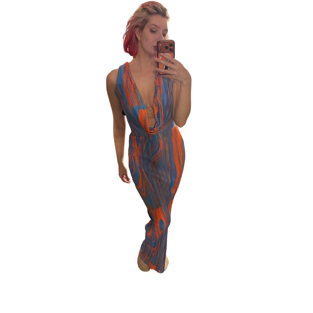 PrettyLittleThing NWT Orange and Blue Marble Maxi Dress